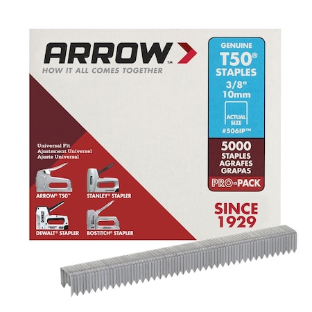 Arrow Fastener Heavy Duty Staples, 18 ga, Flat Crown, 3/8 in Leg L, Steel 506IP